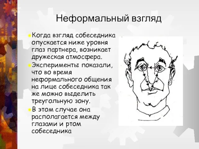 Неформальный взгляд Когда взгляд собеседника опускается ниже уровня глаз партнера, возникает дружеская