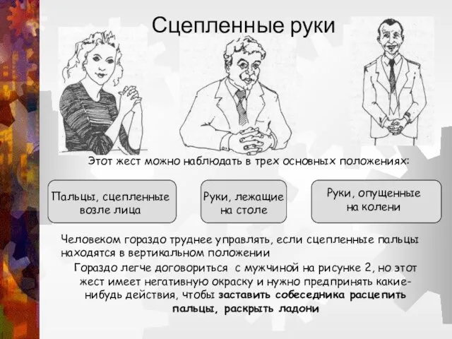 Сцепленные руки Этот жест можно наблюдать в трех основных положениях: Пальцы, сцепленные