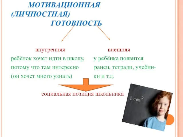 МОТИВАЦИОННАЯ (ЛИЧНОСТНАЯ) ГОТОВНОСТЬ внутренняя внешняя ребёнок хочет идти в школу, у ребёнка