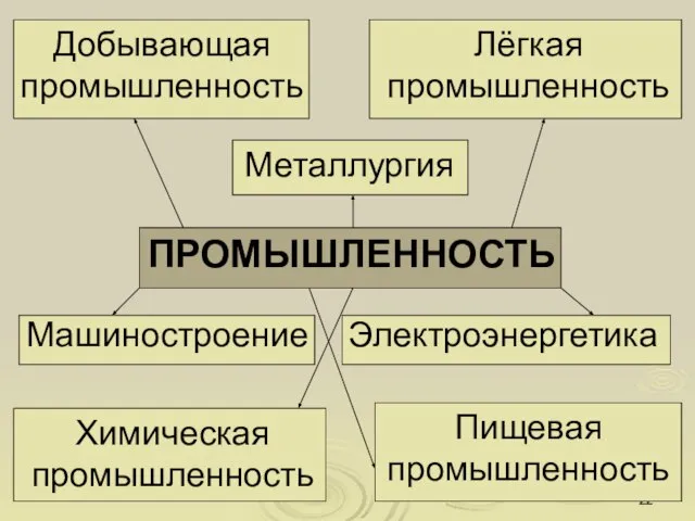 * ПРОМЫШЛЕННОСТЬ Добывающая промышленность Электроэнергетика Металлургия Машиностроение Химическая промышленность Лёгкая промышленность Пищевая промышленность