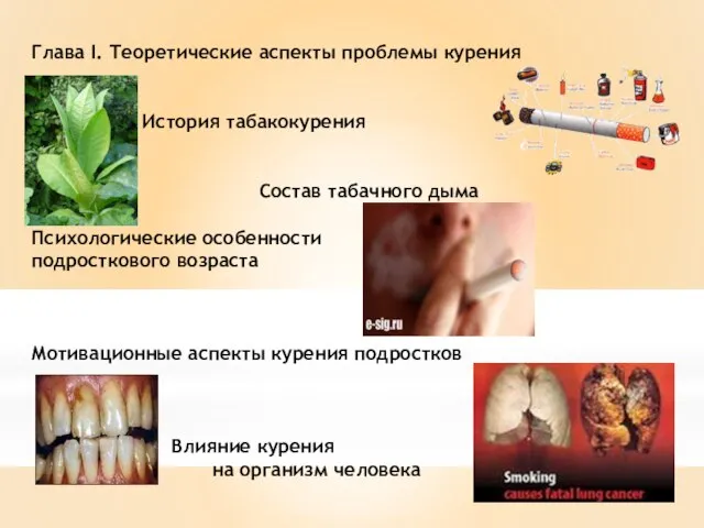 Глава I. Теоретические аспекты проблемы курения История табакокурения Состав табачного дыма Психологические