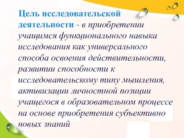 Цель исследовательской деятельности - в приобретении учащимся функционального навыка исследования как универсального