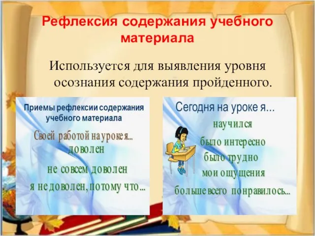 Рефлексия содержания учебного материала Используется для выявления уровня осознания содержания пройденного.