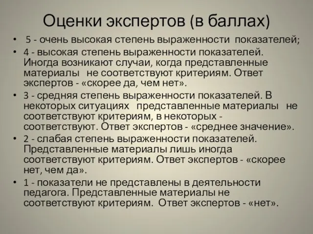 Оценки экспертов (в баллах) 5 - очень высокая степень выраженности показателей; 4