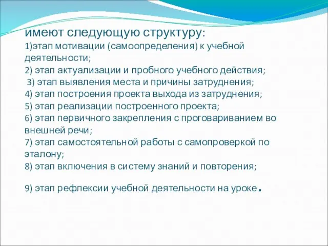 имеют следующую структуру: 1)этап мотивации (самоопределения) к учебной деятельности; 2) этап актуализации