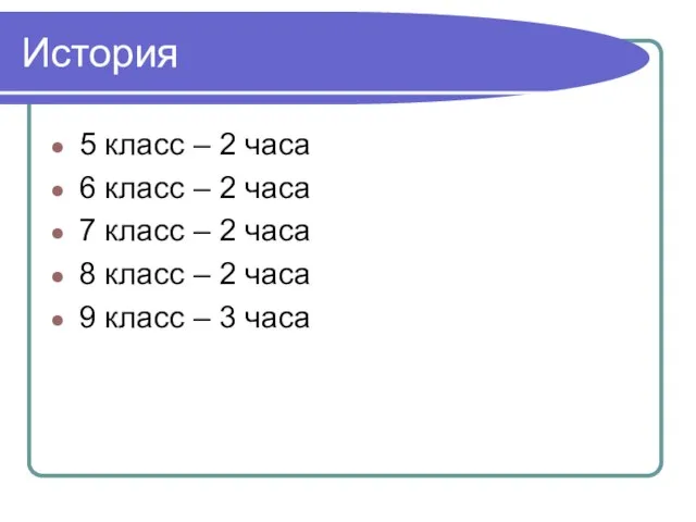 История 5 класс – 2 часа 6 класс – 2 часа 7