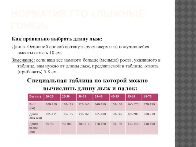 Норматив ГТО «лыжные гонки» Как правильно выбрать длину лыж: Длина. Основной способ