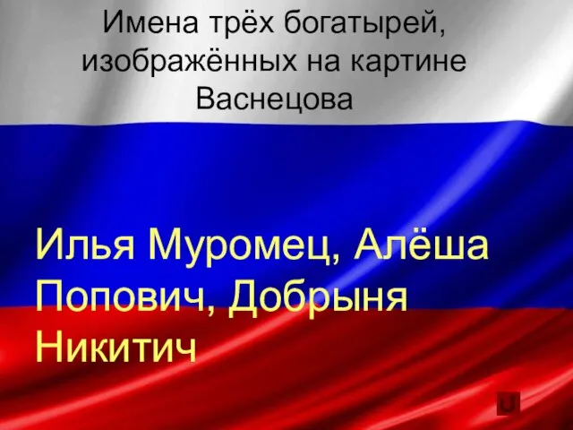 Имена трёх богатырей, изображённых на картине Васнецова Илья Муромец, Алёша Попович, Добрыня Никитич