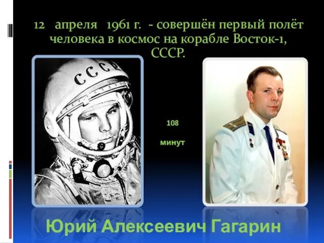 12 апреля 1961 г. - совершён первый полёт человека в космос на