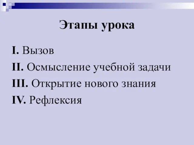 Этапы урока I. Вызов II. Осмысление учебной задачи III. Открытие нового знания IV. Рефлексия