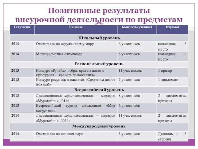 Позитивные результаты внеурочной деятельности по предметам