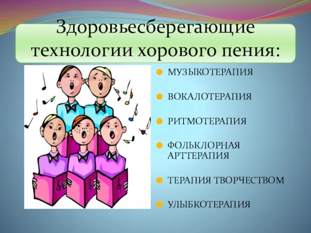 Здоровьесберегающие технологии хорового пения: МУЗЫКОТЕРАПИЯ ВОКАЛОТЕРАПИЯ РИТМОТЕРАПИЯ ФОЛЬКЛОРНАЯ АРТТЕРАПИЯ ТЕРАПИЯ ТВОРЧЕСТВОМ УЛЫБКОТЕРАПИЯ