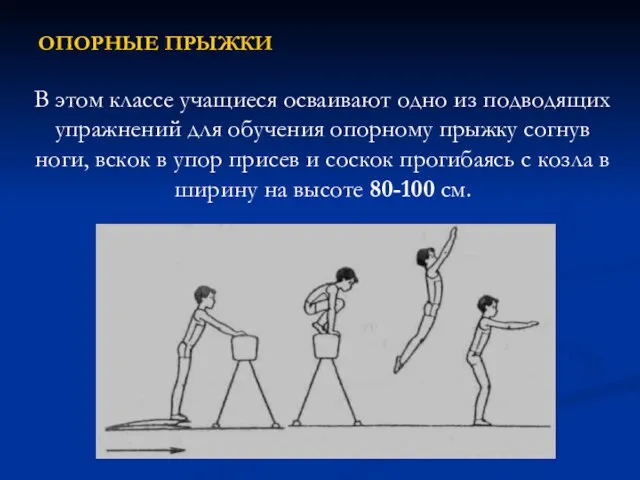 ОПОРНЫЕ ПРЫЖКИ В этом классе учащиеся осваивают одно из подводящих упражнений для