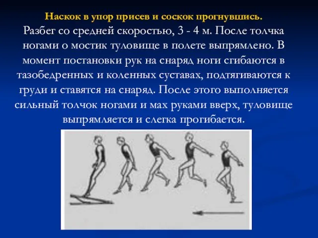 Наскок в упор присев и соскок прогнувшись. Разбег со средней скоростью, 3