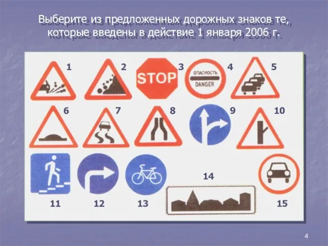 4 Выберите из предложенных дорожных знаков те, которые введены в действие 1