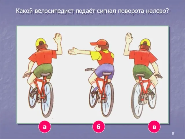 8 Какой велосипедист подаёт сигнал поворота налево? а б в