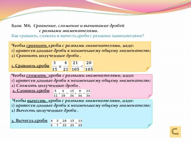 Блок М6. Сравнение, сложение и вычитание дробей с разными знаменателями. Как сравнить,