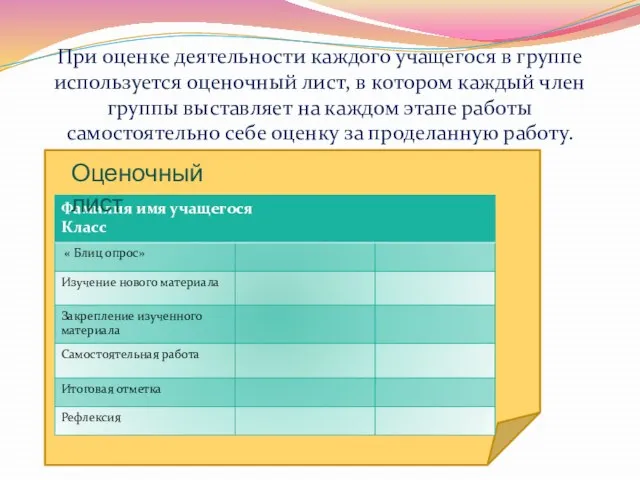 При оценке деятельности каждого учащегося в группе используется оценочный лист, в котором