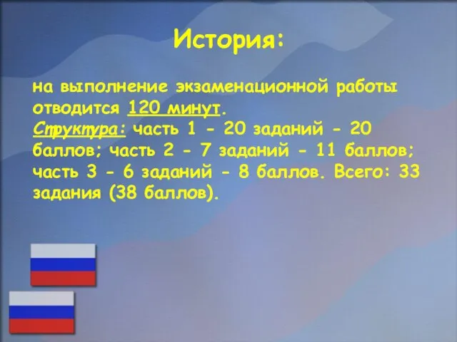 История: на выполнение экзаменационной работы отводится 120 минут. Структура: часть 1 -