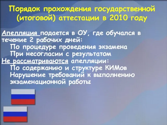 Порядок прохождения государственной (итоговой) аттестации в 2010 году Апелляция подается в ОУ,