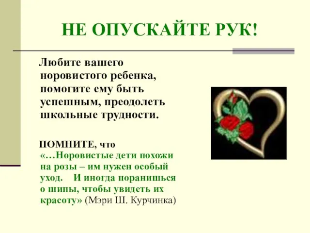 НЕ ОПУСКАЙТЕ РУК! Любите вашего норовистого ребенка, помогите ему быть успешным, преодолеть