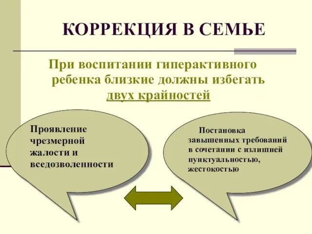 КОРРЕКЦИЯ В СЕМЬЕ При воспитании гиперактивного ребенка близкие должны избегать двух крайностей