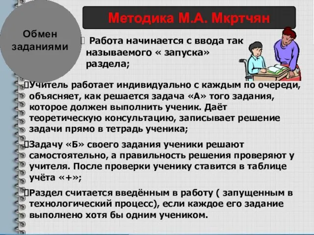 Обмен заданиями Методика М.А. Мкртчян Работа начинается с ввода так называемого «