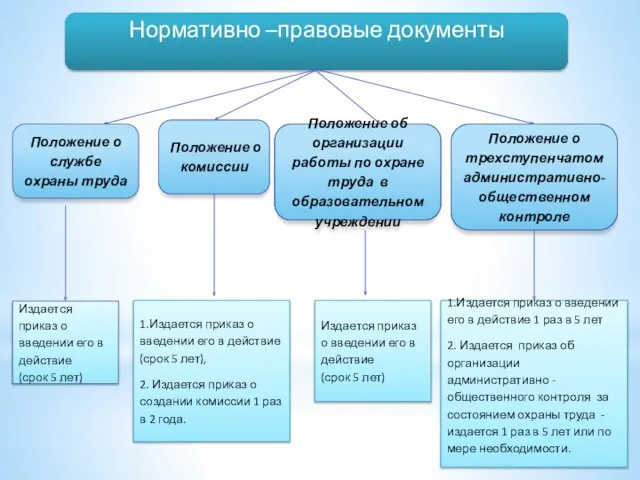 Нормативно –правовые документы Издается приказ о введении его в действие (срок 5