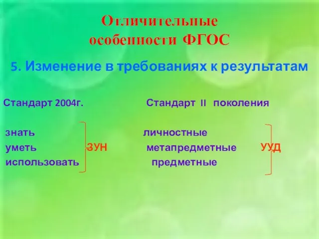 Отличительные особенности ФГОС 5. Изменение в требованиях к результатам Стандарт 2004г. Стандарт