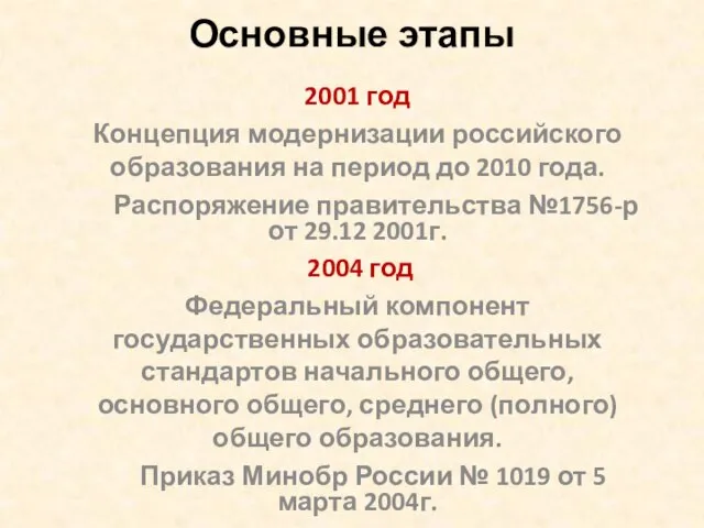 Основные этапы 2001 год Концепция модернизации российского образования на период до 2010