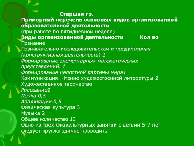 Старшая гр. Примерный перечень основных видов организованной образовательной деятельности (при работе по