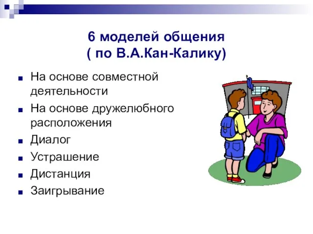 6 моделей общения ( по В.А.Кан-Калику) На основе совместной деятельности На основе