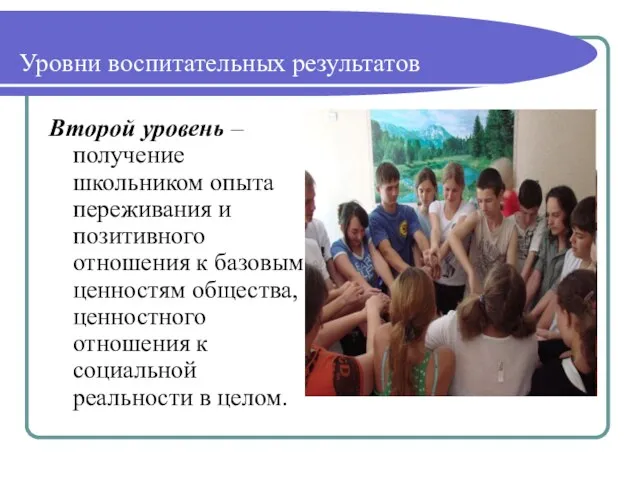 Уровни воспитательных результатов Второй уровень – получение школьником опыта переживания и позитивного