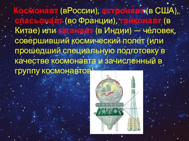 Космона́вт (вРоссии), астрона́вт (в США), спасьонавт (во Франции), тайконавт (в Китае) или