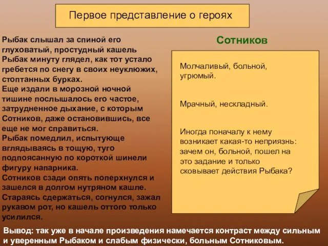 Сотников Первое представление о героях Рыбак слышал за спиной его глуховатый, простудный