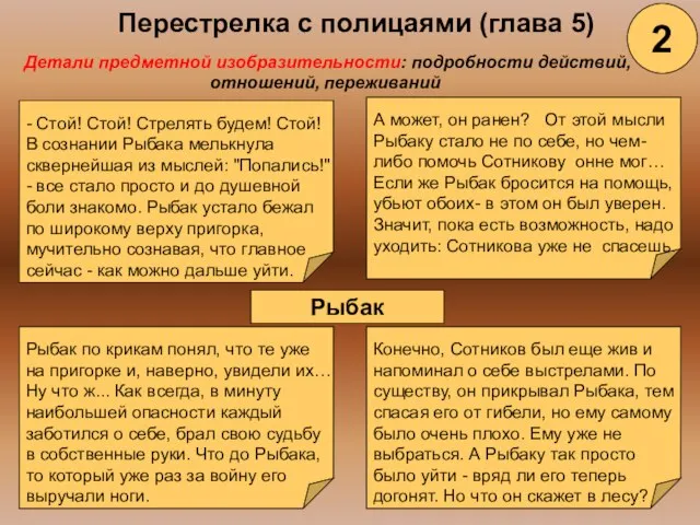 Перестрелка с полицаями (глава 5) Рыбак Детали предметной изобразительности: подробности действий, отношений, переживаний 2