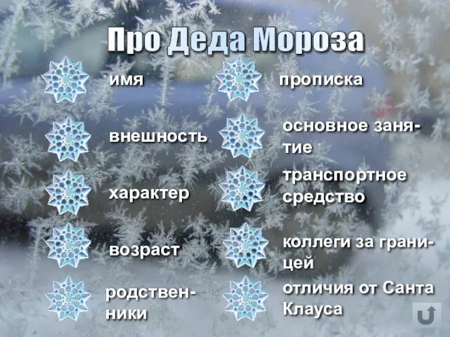 Про Деда Мороза имя внешность характер возраст прописка основное заня-тие транспортное средство