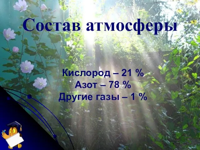 Состав атмосферы Кислород – 21 % Азот – 78 % Другие газы – 1 %