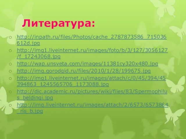 Литература: http://inpath.ru/files/Photos/cache_2787873586_715036612d.jpg http://img1.liveinternet.ru/images/foto/b/3/127/3056127/f_17243068.jpg http://wap.unsveta.com/images/11381cy320x480.jpg http://img.gorodgid.ru/files/2010/1/28/199675.jpg http://img1.liveinternet.ru/images/attach/c/0/45/394/45394863_1245565706_1173088.jpg http://dic.academic.ru/pictures/wiki/files/83/Spermophilus_beldingi.jpg http://img.liveinternet.ru/images/attach/2/6573/6573864_ris_b.jpg