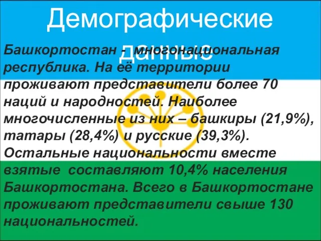 Демографические данные Башкортостан - многонациональная республика. На её территории проживают представители более