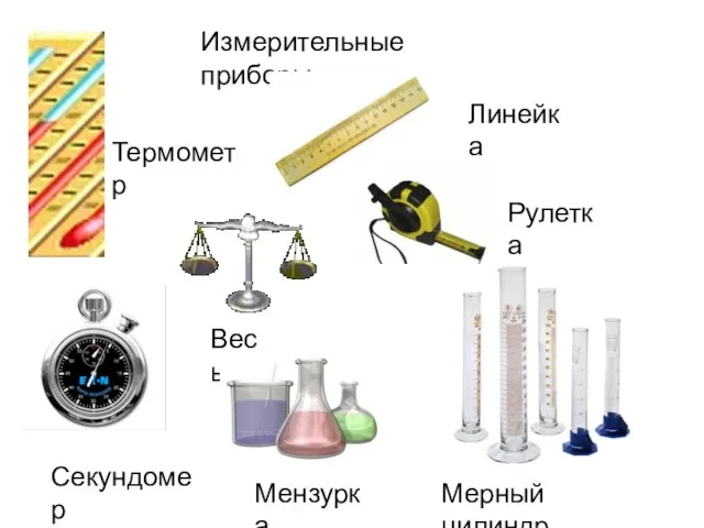 Измерительные приборы Термометр Линейка Рулетка Секундомер Весы Мензурка Мерный цилиндр