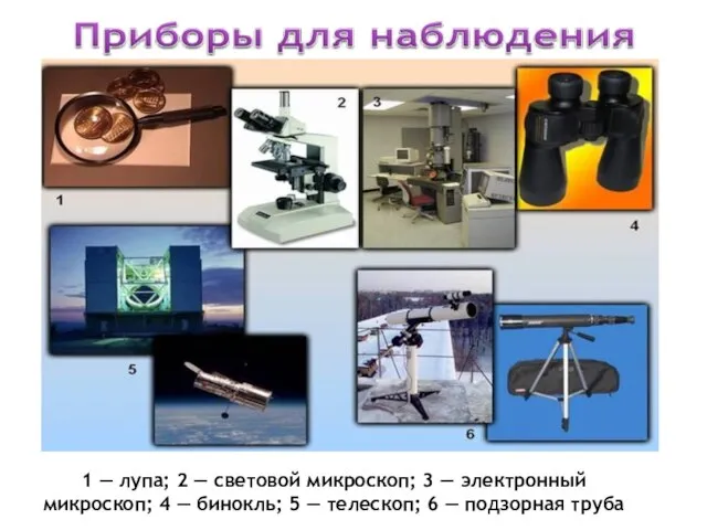 1 — лупа; 2 — световой микроскоп; 3 — электронный микроскоп; 4