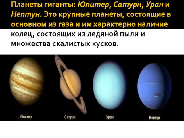 Планеты гиганты: Юпитер, Сатурн, Уран и Нептун. Это крупные планеты, состоящие в