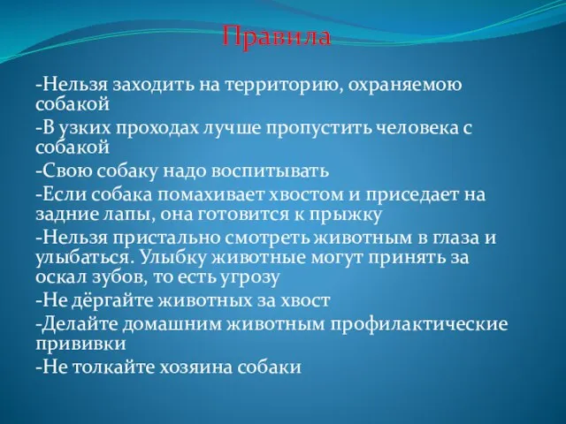 Правила -Нельзя заходить на территорию, охраняемою собакой -В узких проходах лучше пропустить