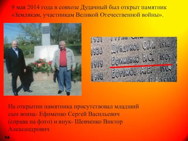 9 мая 2014 года в совхозе Дудачный был открыт памятник «Землякам, участникам