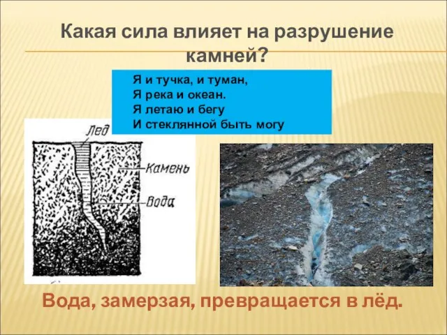 Какая сила влияет на разрушение камней? Вода, замерзая, превращается в лёд. Я