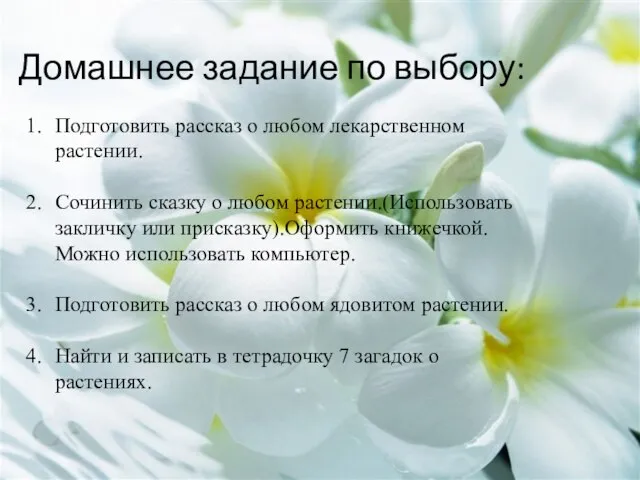 Домашнее задание по выбору: Подготовить рассказ о любом лекарственном растении. Сочинить сказку