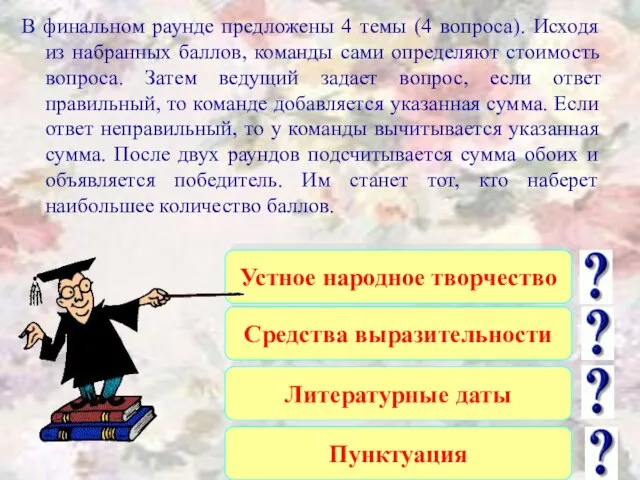 В финальном раунде предложены 4 темы (4 вопроса). Исходя из набранных баллов,