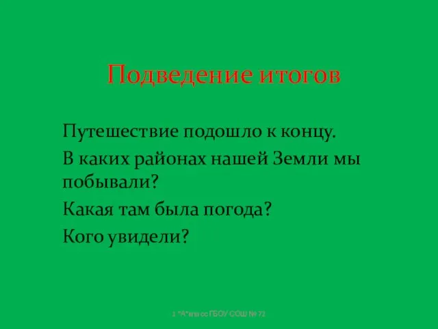 Подведение итогов Путешествие подошло к концу. В каких районах нашей Земли мы