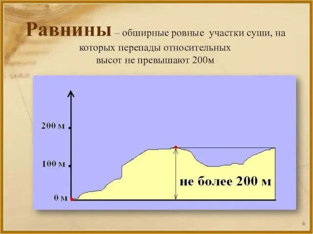 Равнины – обширные ровные участки суши, на которых перепады относительных высот не превышают 200м